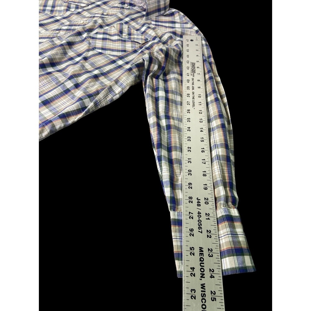 Wrangler Single Needle Mens Blue Plaid Pearl Snap Long Tail‎ Size XL - Picture 11 of 13